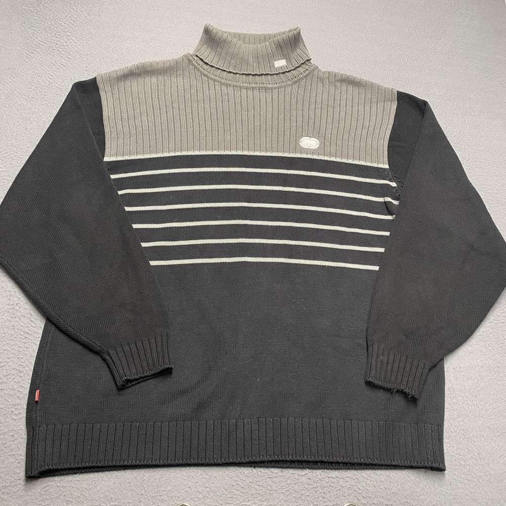 Ecko Unltd Sweater‎ Mens 2XL Gray Stripe Turtleneck Tight-Knit Pullover Logo